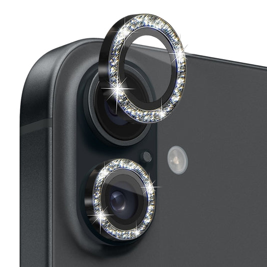 For iPhone 16 / 16 Plus NORTHJO Glitter Camera Lens Protector Tempered Glass Metal Ring Film(Black) - iPhone 16 Tempered Glass by NORTHJO | Online Shopping South Africa | PMC Jewellery | Buy Now Pay Later Mobicred