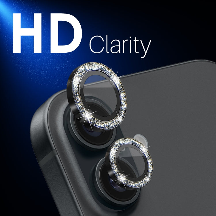 For iPhone 16 / 16 Plus NORTHJO Glitter Camera Lens Protector Tempered Glass Metal Ring Film(Black) - iPhone 16 Tempered Glass by NORTHJO | Online Shopping South Africa | PMC Jewellery | Buy Now Pay Later Mobicred