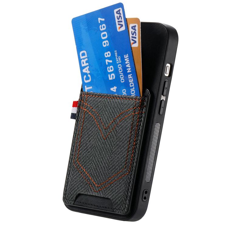 For iPhone 16e Denim Texture Leather Skin Phone Case with Card Slot(Black) - iPhone 16e Cases by PMC TechLife | Online Shopping South Africa | PMC TechLife | Buy Now Pay Later Mobicred