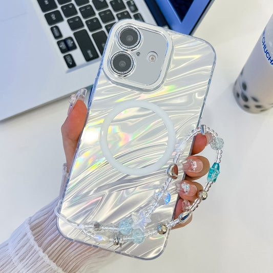 For iPhone 16 Plating Texture Wristband MagSafe TPU Phone Case with Glitter Lens Film(White Water Ripples) - iPhone 16 Cases by PMC Jewellery | Online Shopping South Africa | PMC Jewellery | Buy Now Pay Later Mobicred