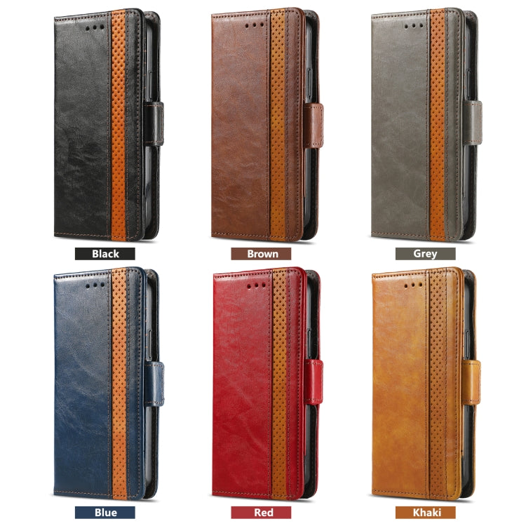 For iPhone 16e CaseNeo Splicing Dual Magnetic Buckle Leather Phone Case(Khaki) - iPhone 16e Cases by PMC TechLife | Online Shopping South Africa | PMC TechLife | Buy Now Pay Later Mobicred