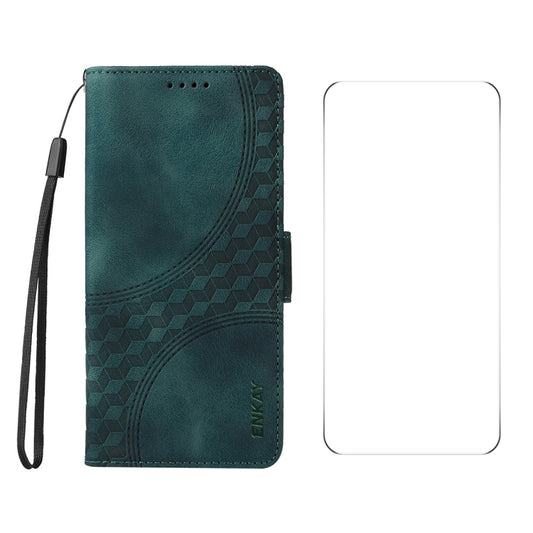 For iPhone 16 ENKAY Embossed Rhombus Starry Leather Phone Case with Screen Film(Green) - iPhone 16 Cases by ENKAY | Online Shopping South Africa | PMC Jewellery | Buy Now Pay Later Mobicred