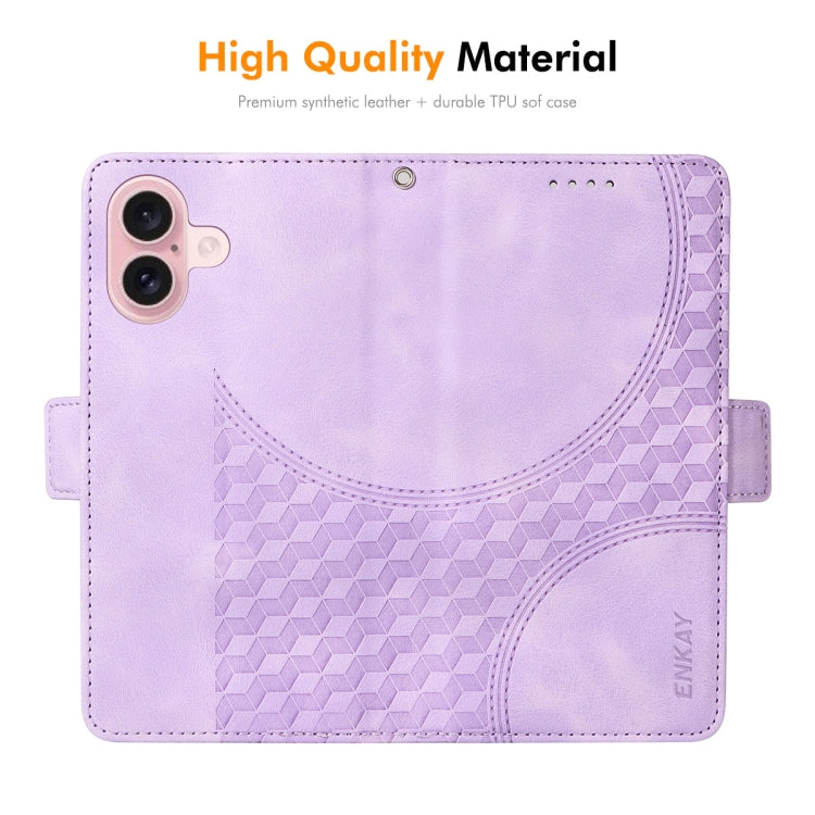 For iPhone 16 Plus ENKAY Embossed Rhombus Starry Leather Phone Case with Screen Film(Purple) - iPhone 16 Plus Cases by ENKAY | Online Shopping South Africa | PMC Jewellery | Buy Now Pay Later Mobicred