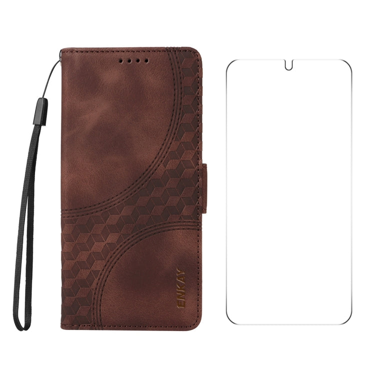 For Samsung Galaxy S25+ / S24+ 5G ENKAY Embossed Rhombus Starry Leather Phone Case with Screen Film(Brown) - Galaxy S24+ 5G Cases by ENKAY | Online Shopping South Africa | PMC Jewellery | Buy Now Pay Later Mobicred