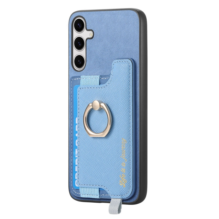 For Samsung Galaxy S25 5G Retro Cross Leather Ring Horizontal Insert Card Bag MagSafe Phone Case(Blue) - Galaxy S25 5G Cases by PMC Jewellery | Online Shopping South Africa | PMC Jewellery | Buy Now Pay Later Mobicred