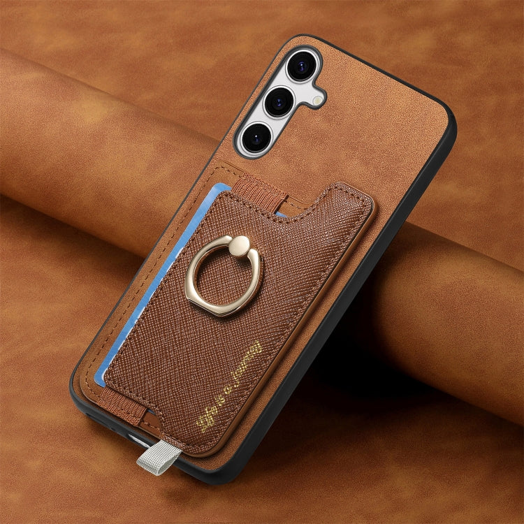 For Samsung Galaxy S25 5G Retro Cross Leather Ring Horizontal Insert Card Bag MagSafe Phone Case(Brown) - Galaxy S25 5G Cases by PMC Jewellery | Online Shopping South Africa | PMC Jewellery | Buy Now Pay Later Mobicred