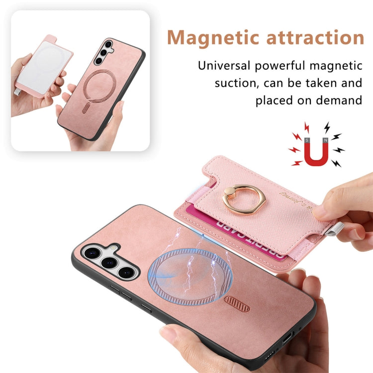 For Samsung Galaxy S25+ 5G Retro Cross Leather Ring Horizontal Insert Card Bag MagSafe Phone Case(Pink) - Galaxy S25+ 5G Cases by PMC Jewellery | Online Shopping South Africa | PMC Jewellery | Buy Now Pay Later Mobicred