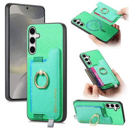 For Samsung Galaxy S25+ 5G Retro Cross Leather Ring Horizontal Insert Card Bag MagSafe Phone Case(Green) - Galaxy S25+ 5G Cases by PMC Jewellery | Online Shopping South Africa | PMC Jewellery | Buy Now Pay Later Mobicred