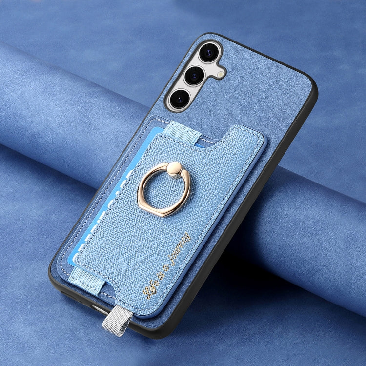 For Samsung Galaxy S25 Ultra 5G Retro Cross Leather Ring Horizontal Insert Card Bag MagSafe Phone Case(Blue) - Galaxy S25 Ultra 5G Cases by PMC Jewellery | Online Shopping South Africa | PMC Jewellery | Buy Now Pay Later Mobicred