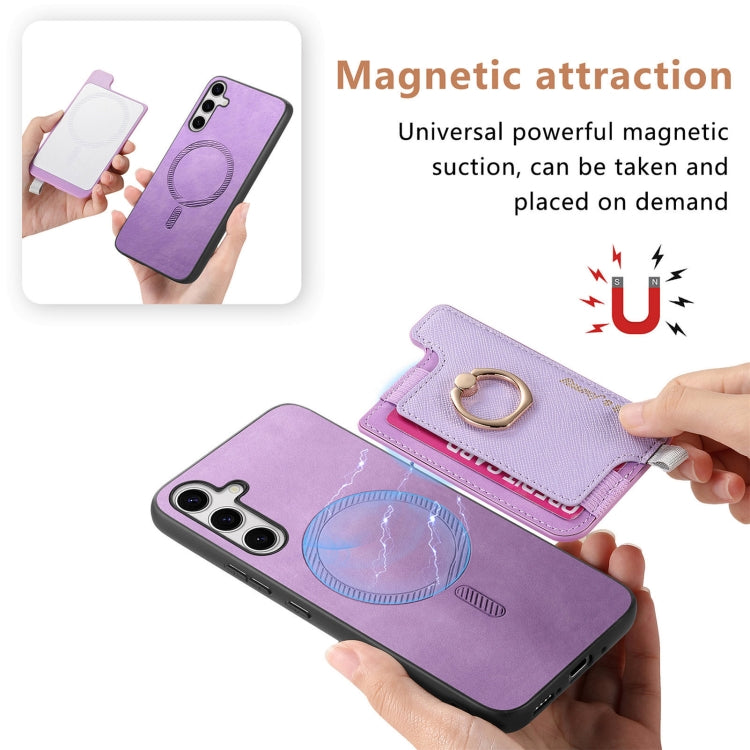 For Samsung Galaxy S25 Ultra 5G Retro Cross Leather Ring Horizontal Insert Card Bag MagSafe Phone Case(Purple) - Galaxy S25 Ultra 5G Cases by PMC Jewellery | Online Shopping South Africa | PMC Jewellery | Buy Now Pay Later Mobicred