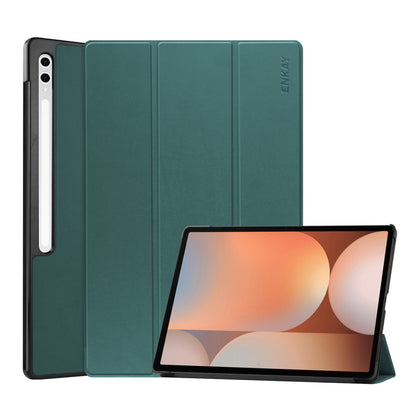 For Samsung Galaxy Tab S10+ / S9+ / S9 FE+ ENKAY Tri-fold Custer Texture Plastic Leather Smart Tablet Case with Pen Slot(Dark Green) - Galaxy Tab S9+ Cases by ENKAY | Online Shopping South Africa | PMC Jewellery | Buy Now Pay Later Mobicred