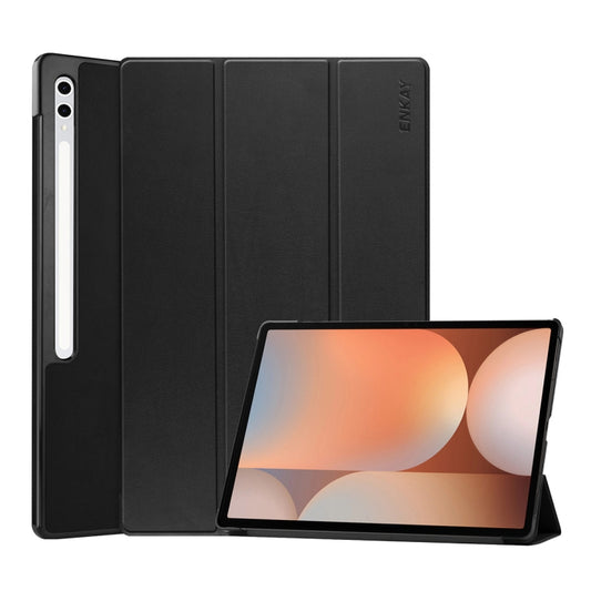 For Samsung Galaxy Tab S10 Ultra / S9 Ultra ENKAY Tri-fold Custer Texture Plastic Leather Smart Tablet Case with Pen Slot(Black) - Galaxy Tab S9 Ultra Cases by ENKAY | Online Shopping South Africa | PMC Jewellery | Buy Now Pay Later Mobicred