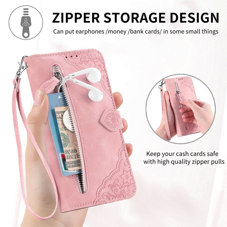 For Samsung Galaxy S25+ 5G Embossed Flower Zipper Leather Phone Case(Blue) - Galaxy S25+ 5G Cases by PMC TechLife | Online Shopping South Africa | PMC TechLife | Buy Now Pay Later Mobicred