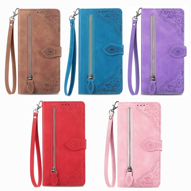For Samsung Galaxy S25 Ultra 5G Embossed Flower Zipper Leather Phone Case(Red) - Galaxy S25 Ultra 5G Cases by PMC TechLife | Online Shopping South Africa | PMC TechLife | Buy Now Pay Later Mobicred