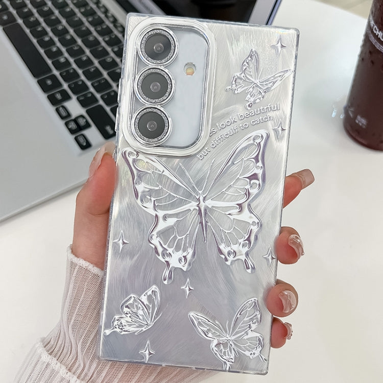 For Samsung Galaxy S25+ 5G Plating Texture Butterfly TPU Phone Case with Glitter Lens Film(Silver Butterflies HU6) - Galaxy S25+ 5G Cases by PMC Jewellery | Online Shopping South Africa | PMC Jewellery | Buy Now Pay Later Mobicred