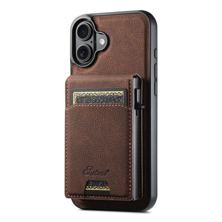 For iPhone 16 Plus Suteni H19 Litchi Grain 2-in-1 MagSafe Removable Card Box Back Phone Case(Brown) - iPhone 16 Plus Cases by Suteni | Online Shopping South Africa | PMC Jewellery | Buy Now Pay Later Mobicred