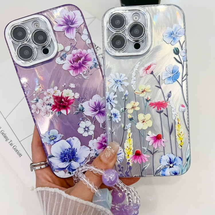 For iPhone 16e Electroplating Flowers Plants Texture Wristband TPU Phone Case(Plum Flower FL6) - iPhone 16e Cases by PMC TechLife | Online Shopping South Africa | PMC TechLife | Buy Now Pay Later Mobicred