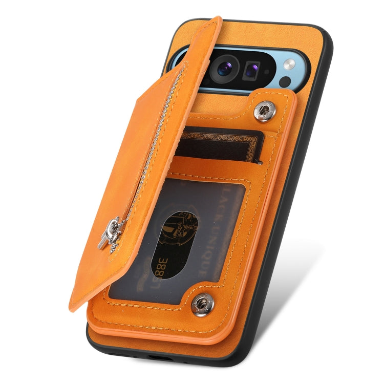 For Google Pixel 9 Pro XL Retro MagSafe Zipper Wallet Card Bag Back Phone Case(Yellow) - Google Cases by PMC TechLife | Online Shopping South Africa | PMC TechLife | Buy Now Pay Later Mobicred