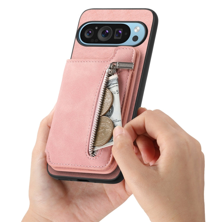 For Google Pixel 8 Pro Retro MagSafe Zipper Wallet Card Bag Back Phone Case(Pink) - Google Cases by PMC TechLife | Online Shopping South Africa | PMC TechLife | Buy Now Pay Later Mobicred