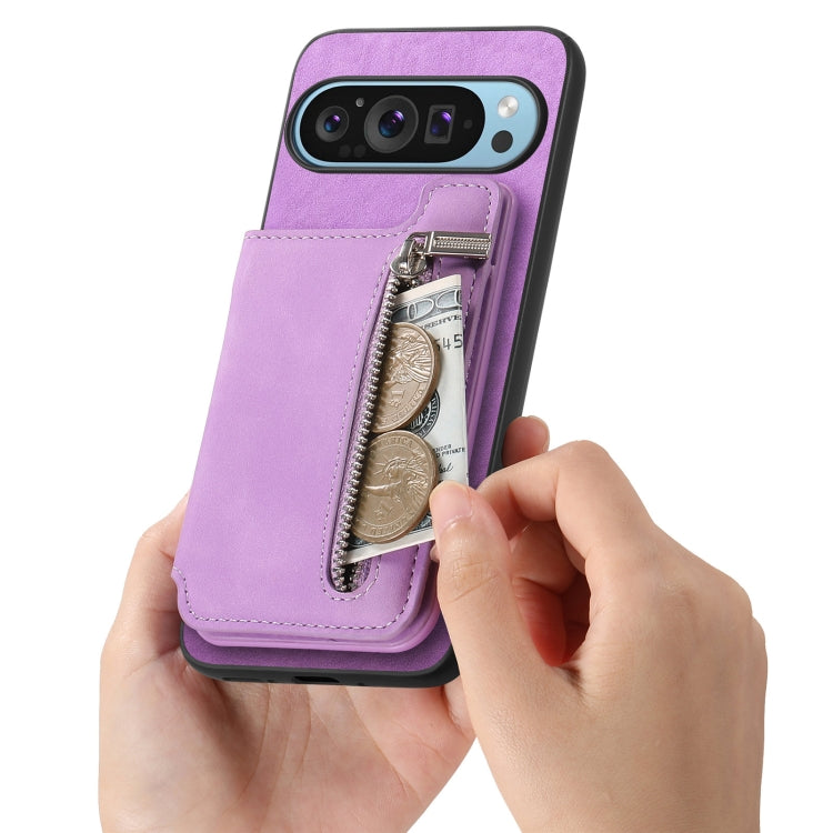 For Google Pixel 8 Pro Retro MagSafe Zipper Wallet Card Bag Back Phone Case(Purple) - Google Cases by PMC TechLife | Online Shopping South Africa | PMC TechLife | Buy Now Pay Later Mobicred