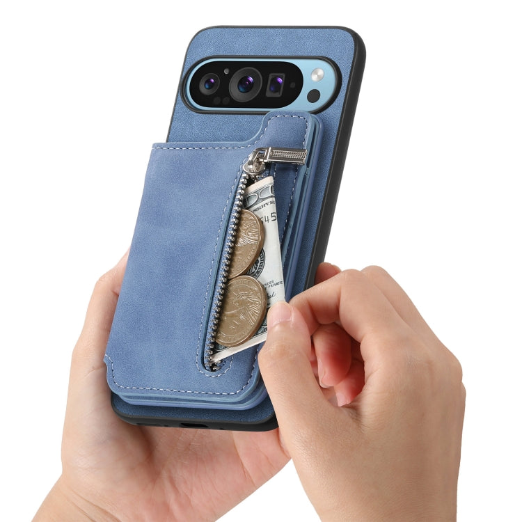 For Google Pixel 8 Retro MagSafe Zipper Wallet Card Bag Back Phone Case(Blue) - Google Cases by PMC TechLife | Online Shopping South Africa | PMC TechLife | Buy Now Pay Later Mobicred