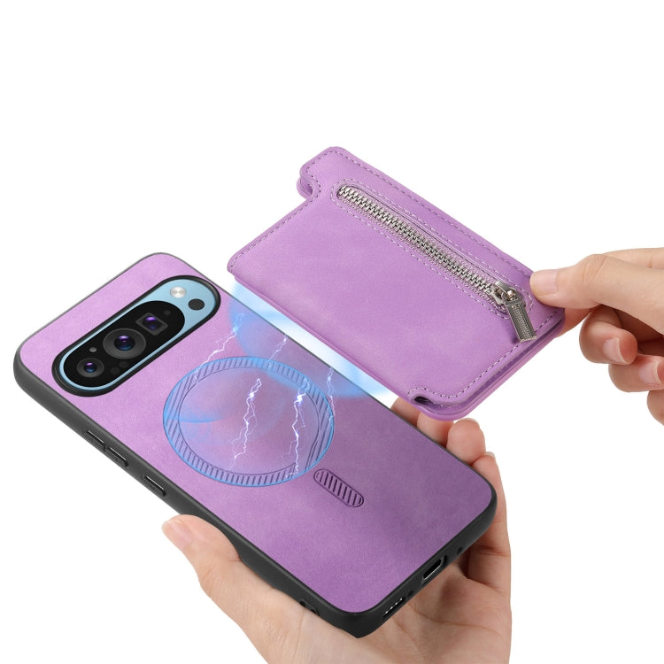 For Google Pixel 8 Retro MagSafe Zipper Wallet Card Bag Back Phone Case(Purple) - Google Cases by PMC TechLife | Online Shopping South Africa | PMC TechLife | Buy Now Pay Later Mobicred