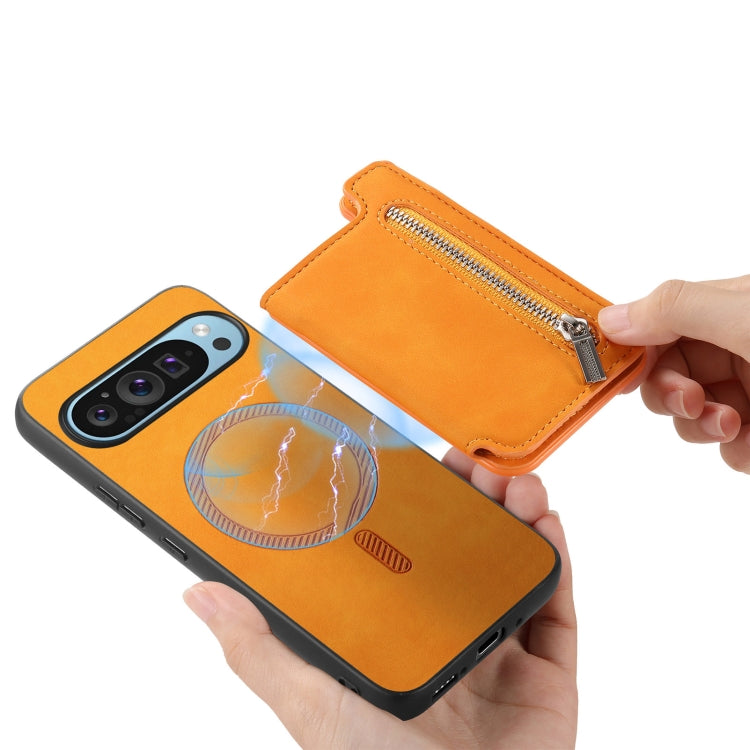 For Google Pixel 7a Retro MagSafe Zipper Wallet Card Bag Back Phone Case(Yellow) - free shipping - PMC TechLife - Order now!