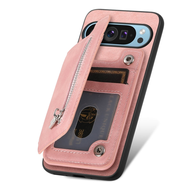 For Google Pixel 7a Retro MagSafe Zipper Wallet Card Bag Back Phone Case(Pink) - Google Cases by PMC TechLife | Online Shopping South Africa | PMC TechLife | Buy Now Pay Later Mobicred