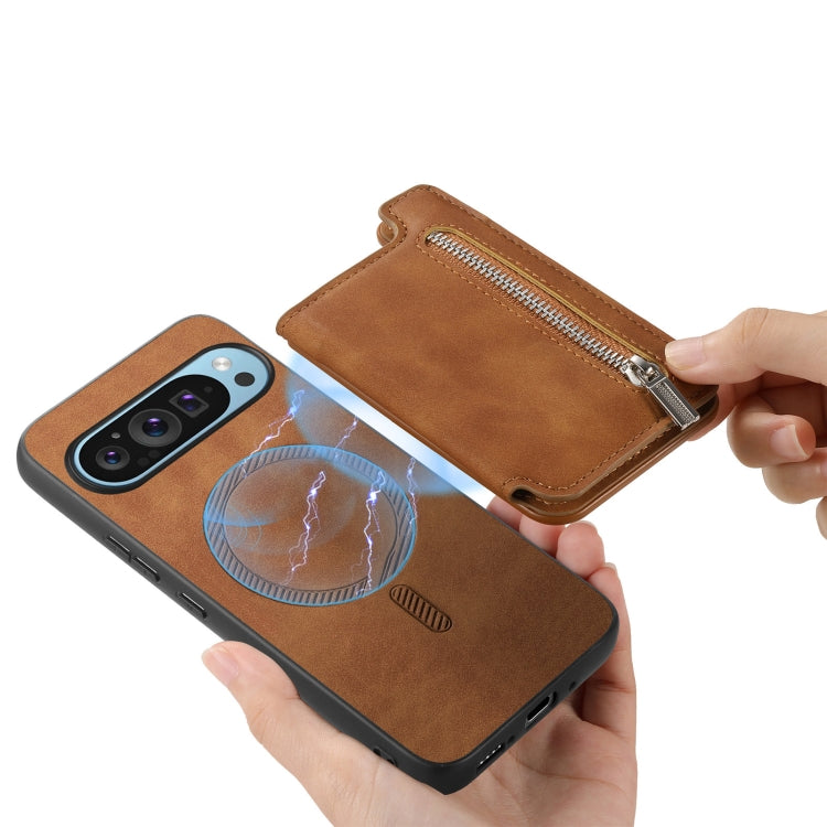 For Google Pixel 7a Retro MagSafe Zipper Wallet Card Bag Back Phone Case(Brown) - Google Cases by PMC TechLife | Online Shopping South Africa | PMC TechLife | Buy Now Pay Later Mobicred