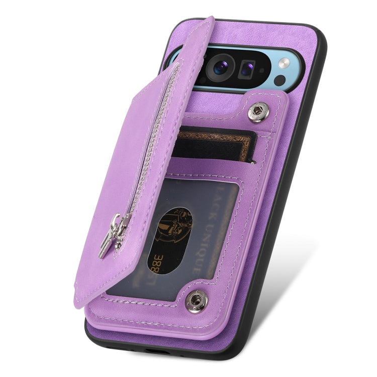 For Google Pixel 7 Pro Retro MagSafe Zipper Wallet Card Bag Back Phone Case(Purple) - Google Cases by PMC TechLife | Online Shopping South Africa | PMC TechLife | Buy Now Pay Later Mobicred