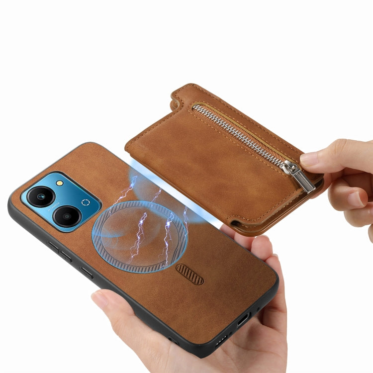 For Honor Play 50 Plus 5G Retro MagSafe Zipper Wallet Card Bag Back Phone Case(Brown) - Honor Cases by PMC TechLife | Online Shopping South Africa | PMC TechLife | Buy Now Pay Later Mobicred