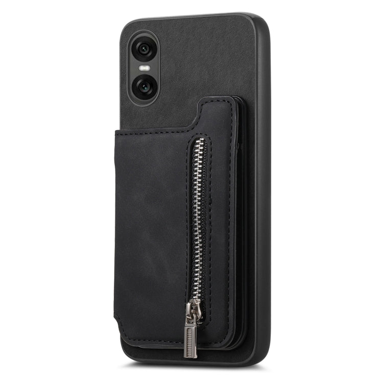For Sony Xperia 10 V Retro MagSafe Zipper Wallet Card Bag Back Phone Case(Black) - Sony Cases by PMC TechLife | Online Shopping South Africa | PMC TechLife | Buy Now Pay Later Mobicred