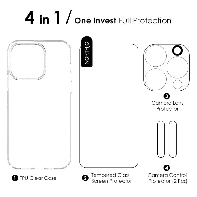 For iPhone 16 Pro NORTHJO 4 in 1 TPU Phone Case with Screen Film and Lens Film and Camera Control Button Cover(Clear) - iPhone 16 Pro Cases by NORTHJO | Online Shopping South Africa | PMC Jewellery | Buy Now Pay Later Mobicred