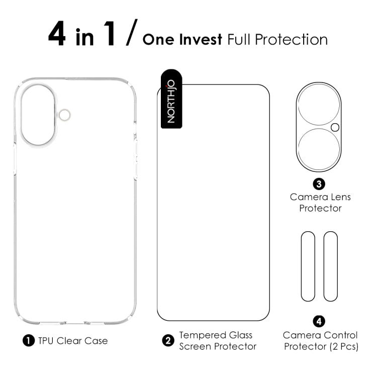 For iPhone 16 Plus NORTHJO 4 in 1 TPU Phone Case with Screen Film and Lens Film and Camera Control Button Cover(Clear) - iPhone 16 Plus Cases by NORTHJO | Online Shopping South Africa | PMC Jewellery | Buy Now Pay Later Mobicred