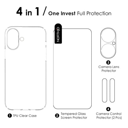 For iPhone 16 Plus NORTHJO 4 in 1 TPU Phone Case with Screen Film and Lens Film and Camera Control Button Cover(Clear) - iPhone 16 Plus Cases by NORTHJO | Online Shopping South Africa | PMC Jewellery | Buy Now Pay Later Mobicred