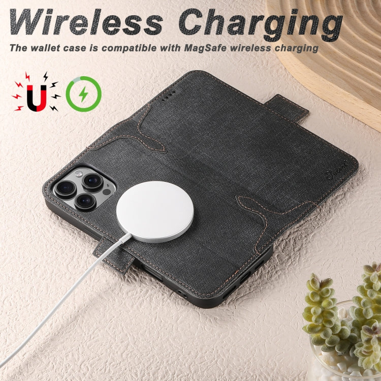 For iPhone 16 Suteni J07 Multi-functional Horizontal MagSafe Denim Leather Phone Case(Black) - iPhone 16 Cases by Suteni | Online Shopping South Africa | PMC Jewellery | Buy Now Pay Later Mobicred