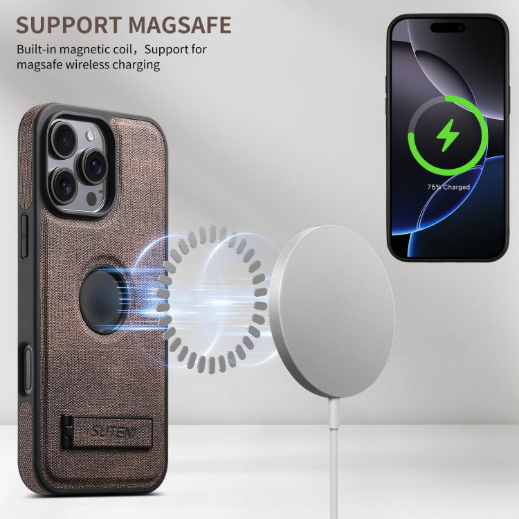 For iPhone 16 Suteni G2 Holder Denim Leather Back MagSafe Phone Case(Brown) - iPhone 16 Cases by Suteni | Online Shopping South Africa | PMC Jewellery | Buy Now Pay Later Mobicred