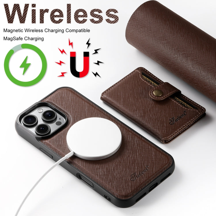 For iPhone 16 Pro Max Suteni H20 Cross-Grain MagSafe Horizontal Card Bag Back Phone Case(Brown) - iPhone 16 Pro Max Cases by Suteni | Online Shopping South Africa | PMC Jewellery | Buy Now Pay Later Mobicred