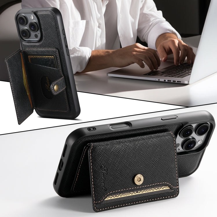 For iPhone 16 Plus Suteni H20 Cross-Grain MagSafe Horizontal Card Bag Back Phone Case(Black) - iPhone 16 Plus Cases by Suteni | Online Shopping South Africa | PMC Jewellery | Buy Now Pay Later Mobicred