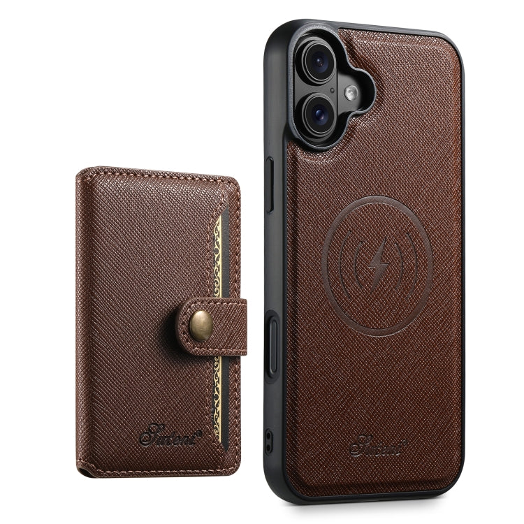 For iPhone 16 Suteni H20 Cross-Grain MagSafe Horizontal Card Bag Back Phone Case(Brown) - iPhone 16 Cases by Suteni | Online Shopping South Africa | PMC Jewellery | Buy Now Pay Later Mobicred