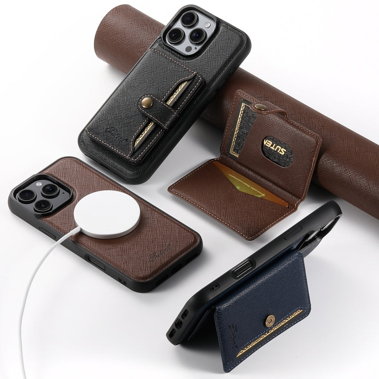 For iPhone 16 Suteni H20 Cross-Grain MagSafe Horizontal Card Bag Back Phone Case(Brown) - iPhone 16 Cases by Suteni | Online Shopping South Africa | PMC Jewellery | Buy Now Pay Later Mobicred