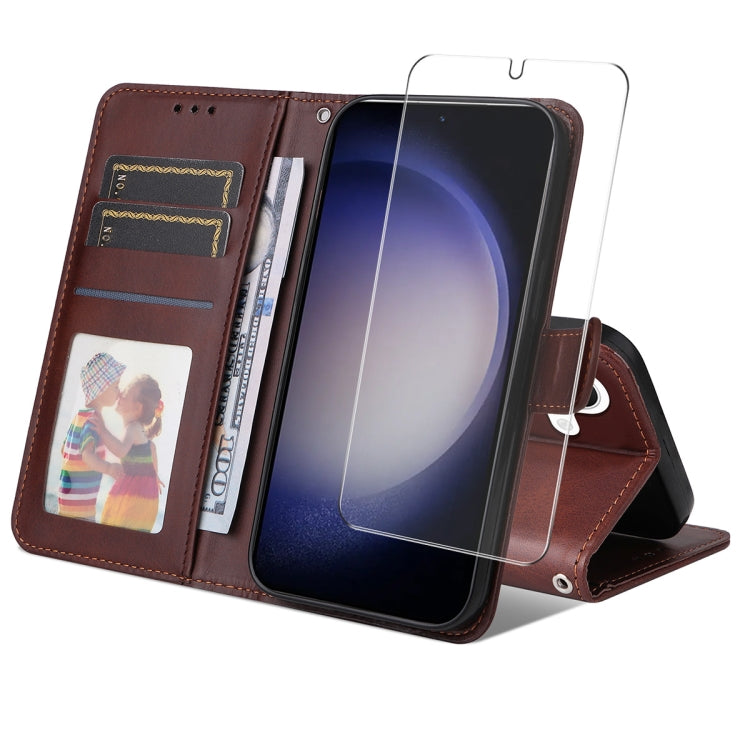 For Samsung Galaxy S25+ 5G ENKAY Card Wallet Calf Texture Leather Phone Case with Screen Film(Brown) - Galaxy S25+ 5G Cases by ENKAY | Online Shopping South Africa | PMC Jewellery | Buy Now Pay Later Mobicred