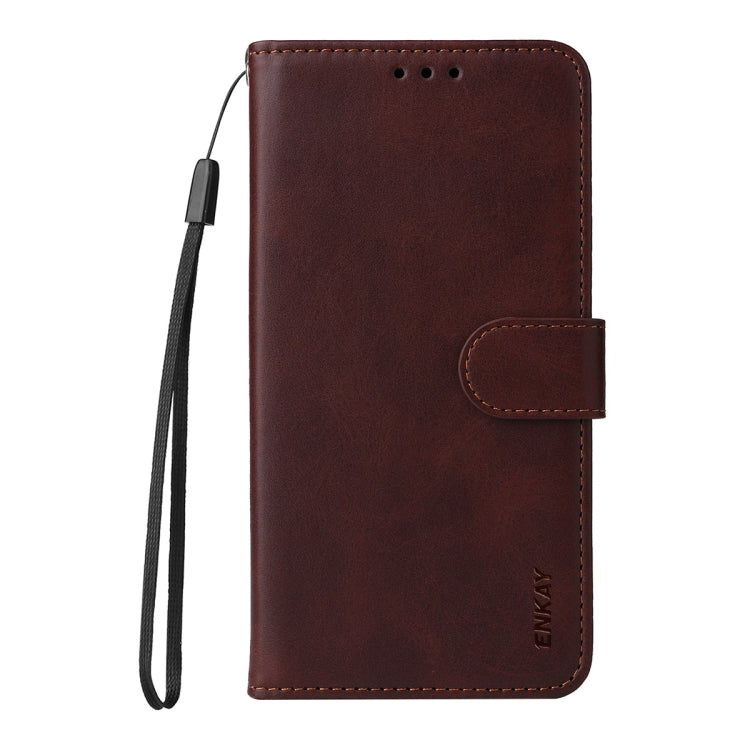 For Samsung Galaxy S25+ 5G ENKAY Card Wallet Calf Texture Leather Phone Case with Screen Film(Brown) - Galaxy S25+ 5G Cases by ENKAY | Online Shopping South Africa | PMC Jewellery | Buy Now Pay Later Mobicred