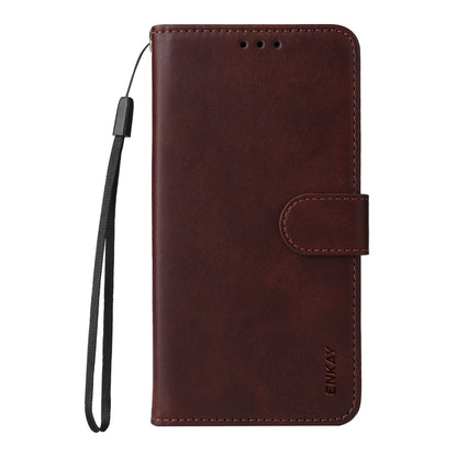 For Samsung Galaxy S25+ 5G ENKAY Card Wallet Calf Texture Leather Phone Case with Screen Film(Brown) - Galaxy S25+ 5G Cases by ENKAY | Online Shopping South Africa | PMC Jewellery | Buy Now Pay Later Mobicred