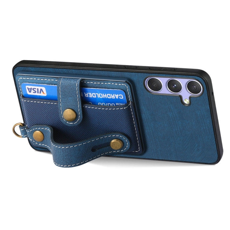 For Samsung Galaxy S25 5G Retro Cross Wristband Wallet Leather Back Phone Case(Blue) - Galaxy S25 5G Cases by PMC Jewellery | Online Shopping South Africa | PMC Jewellery | Buy Now Pay Later Mobicred