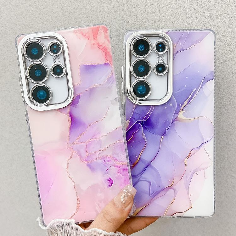 For Samsung Galaxy S25+ 5G Electroplated Marble Texture Phone Case(Gold Pink Red M12) - Galaxy S25+ 5G Cases by PMC Jewellery | Online Shopping South Africa | PMC Jewellery | Buy Now Pay Later Mobicred