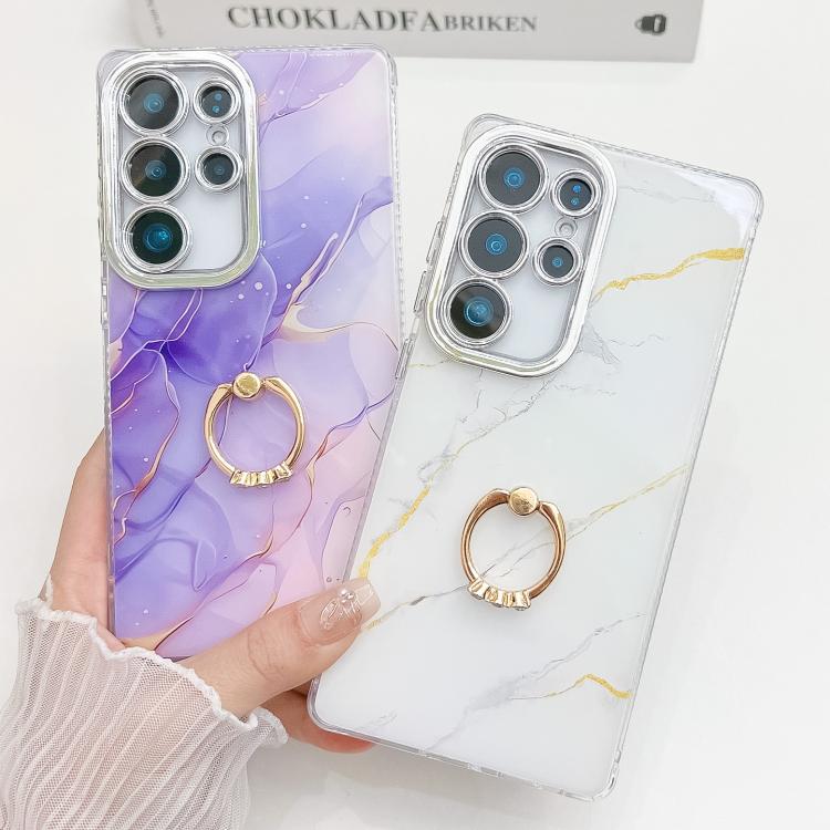 For Samsung Galaxy S25 5G Electroplated Marble Texture Ring Holder Phone Case(Navy Blue S17) - Galaxy S25 5G Cases by PMC Jewellery | Online Shopping South Africa | PMC Jewellery | Buy Now Pay Later Mobicred
