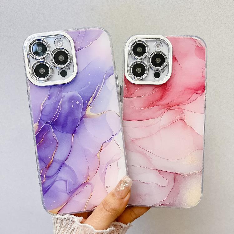 For iPhone 16e Electroplated Marble Texture Phone Case(Gold Purple Red M15) - iPhone 16e Cases by PMC TechLife | Online Shopping South Africa | PMC TechLife | Buy Now Pay Later Mobicred