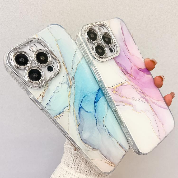 For iPhone 16e Electroplated Marble Texture Phone Case(Gold Pink Red M12) - iPhone 16e Cases by PMC TechLife | Online Shopping South Africa | PMC TechLife | Buy Now Pay Later Mobicred