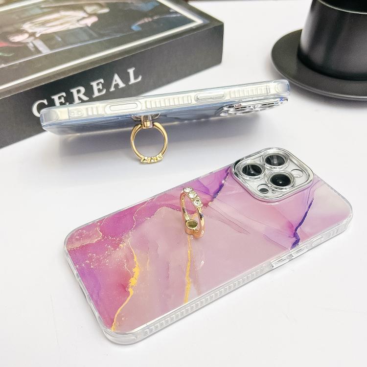 For iPhone 16e Electroplated Marble Texture Ring Holder Phone Case(Pink S2) - iPhone 16e Cases by PMC TechLife | Online Shopping South Africa | PMC TechLife | Buy Now Pay Later Mobicred